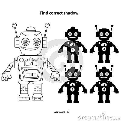 Puzzle Game for kids. Find correct shadow. Coloring Page Outline Of cartoon robot. Coloring book for children Vector Illustration