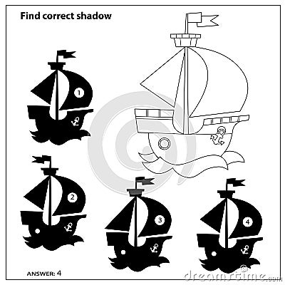 Puzzle Game for kids. Find correct shadow. Coloring Page Outline Of cartoon sail ship. Coloring book for children Vector Illustration