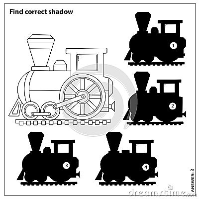 Puzzle Game for kids. Find correct shadow. Coloring Page Outline Of cartoon train. Coloring book for children Vector Illustration