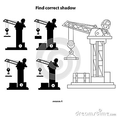 Puzzle Game for kids. Find correct shadow. Elevating crane. Construction vehicles. Coloring book for children Vector Illustration