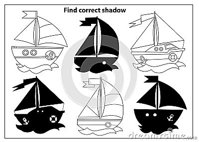 Puzzle Game for kids. Find correct shadow. Images of sea transport. Cartoon sail ships. Coloring book for children Vector Illustration