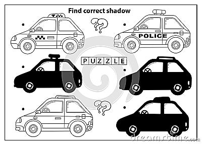 Puzzle Game for kids. Find correct shadow. Images transport or vehicle. Cartoon passenger car or machine, taxi and police car. Vector Illustration