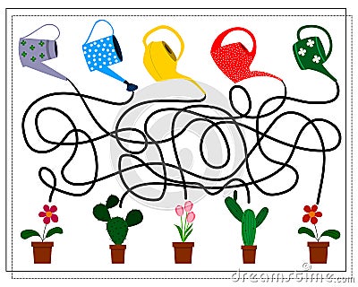 A puzzle game for kids. Go through the maze, which watering can that pours. Gardening tools, potted flowers. vector Vector Illustration