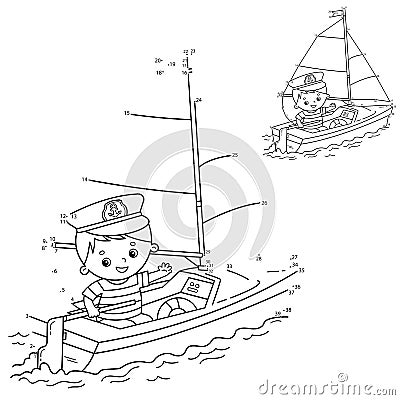 Puzzle Game for kids: numbers game. Cartoon sail ship with sailor on the deck. Coloring book for children Vector Illustration