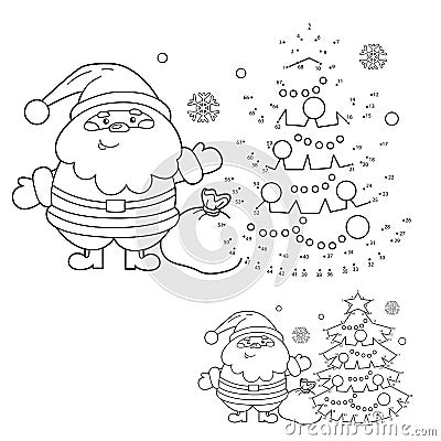 Puzzle Game for kids: numbers game. Coloring Page Outline of Christmas tree with Santa Claus. New year. Christmas. Coloring Book Vector Illustration