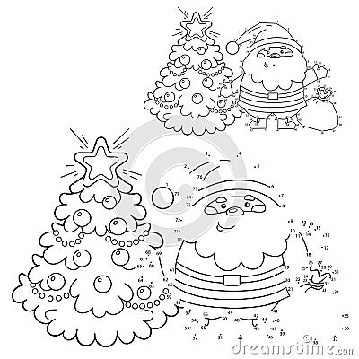 Puzzle Game for kids: numbers game. Coloring Page Outline of Santa Claus with Christmas tree. New year. Christmas. Coloring Book Vector Illustration
