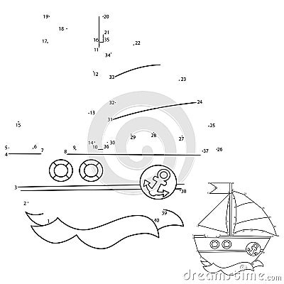 Puzzle Game for kids: numbers game. Cartoon sail ship. Coloring book for children Vector Illustration