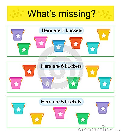 Puzzle game for kids. Task for the development of attention and logic. Find the missing buckets Vector Illustration