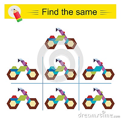 Puzzle game for kids. Task for development of attention and logic. Need to find the exact same bicycle Vector Illustration