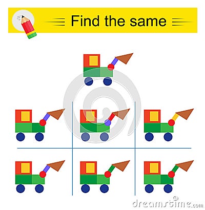 Puzzle game for kids. Task for development of attention and logic. Need to find the exact same excavator Vector Illustration