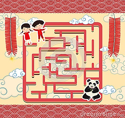 Puzzle game template with chinese kids and panda Vector Illustration