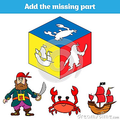 Puzzle game. Visual Educational Game for children Task: find the missing parts. Worksheet for preschool kids. Vector illustration Cartoon Illustration
