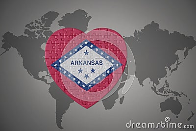 Puzzle heart with flag of arkansas state on a world map background Cartoon Illustration