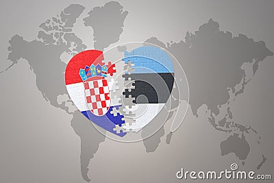 Puzzle heart with the national flag of croatia and estonia on a world map background.Concept Cartoon Illustration