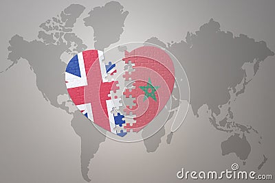 Puzzle heart with the national flag of morocco and great britain on a world map background. Concept Cartoon Illustration