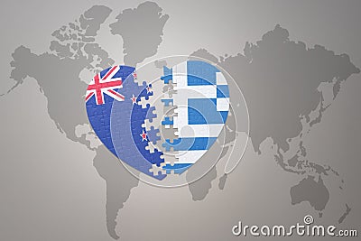 Puzzle heart with the national flag of new zealand and greece on a world map background. Concept Cartoon Illustration