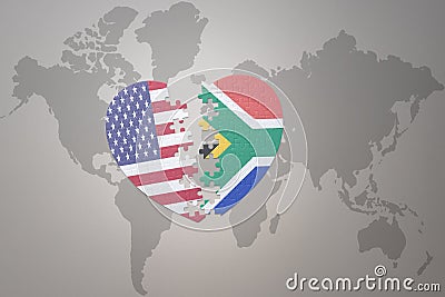 Puzzle heart with the national flag of united states of america and south africa on a world map background. Concept Cartoon Illustration