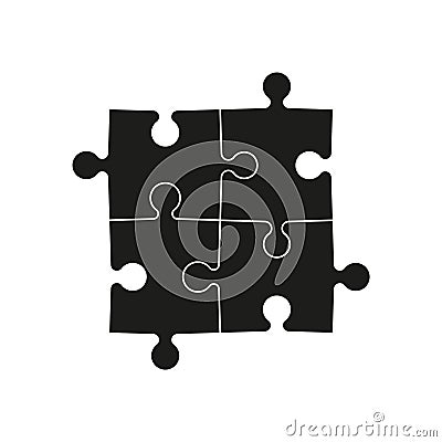 Puzzle icon. Jigsaw with four piece. Logo for logic and business solution. 4 part of puzzle for game. Black shape isolated on Vector Illustration