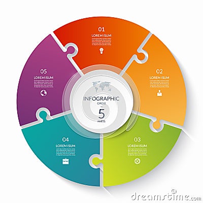 Puzzle infographic circle with 5 steps, options, pieces. Five-part cycle chart. Vector Illustration