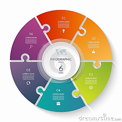 Puzzle infographic circle with 6 steps, options, pieces. Six-part cycle chart. Vector Illustration