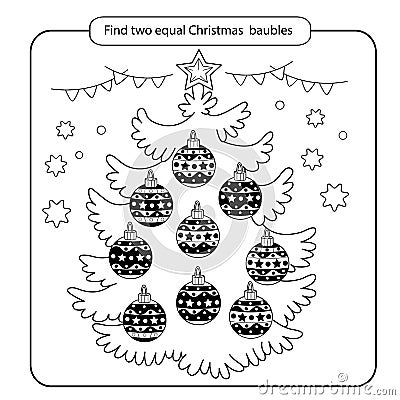 Puzzle for kids. Kid mind game. Assorted things to find the match. Christmas balls set. Vector Illustration