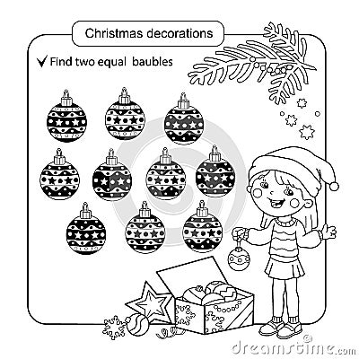 Puzzle for kids. Kid mind game. Assorted things to find the match. Christmas balls set. Coloring page for children. Vector Illustration