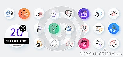 Puzzle line icons. Jigsaw Challenge, Business Strategy, Puzzle Pieces icons. Solution, Decide or Solve problem. Vector Vector Illustration