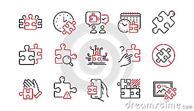 Puzzle line icons. Jigsaw Challenge, Business Strategy, Puzzle Pieces icons. Solution, Decide or Solve problem. Vector Vector Illustration