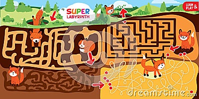 Puzzle maze game for kids. Super labyrinth consists several stages underground. Help fox get out of hole. Vector Vector Illustration