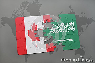puzzle with the national flag of canada and saudi arabia on a world map background. Cartoon Illustration
