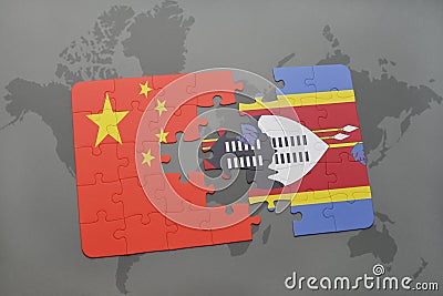 puzzle with the national flag of china and swaziland on a world map background. Cartoon Illustration