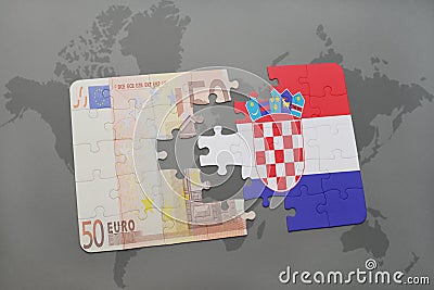 puzzle with the national flag of croatia and euro banknote on a world map background. Cartoon Illustration