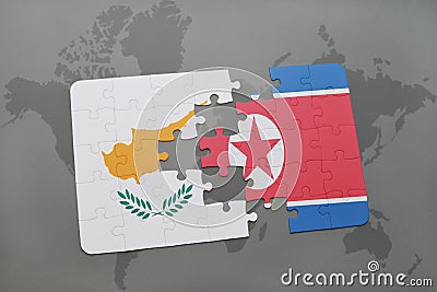 puzzle with the national flag of cyprus and north korea on a world map Cartoon Illustration