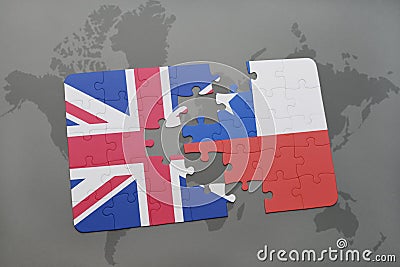 puzzle with the national flag of great britain and chile on a world map background. Stock Photo