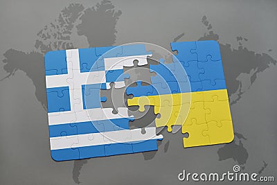 puzzle with the national flag of greece and ukraine on a world map background. Cartoon Illustration