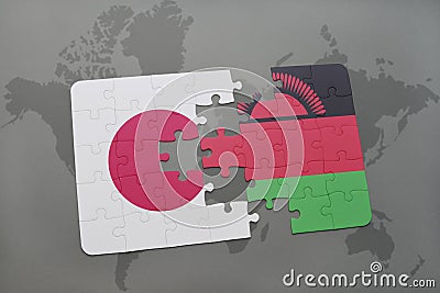 puzzle with the national flag of japan and malawi on a world map background. Cartoon Illustration