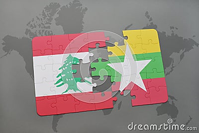 puzzle with the national flag of lebanon and myanmar on a world map background. Cartoon Illustration