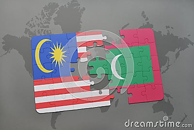 puzzle with the national flag of malaysia and maldives on a world map background. Cartoon Illustration