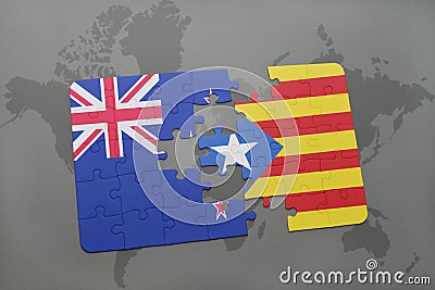 puzzle with the national flag of new zealand and catalonia on a world map background Cartoon Illustration