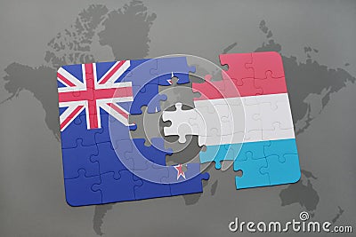 puzzle with the national flag of new zealand and luxembourg on a world map background Cartoon Illustration