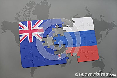 puzzle with the national flag of new zealand and russia on a world map background Cartoon Illustration