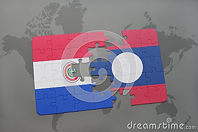 puzzle with the national flag of paraguay and laos on a world map Cartoon Illustration