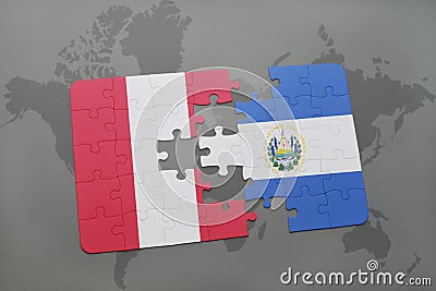 puzzle with the national flag of peru and el salvador on a world map background. Cartoon Illustration