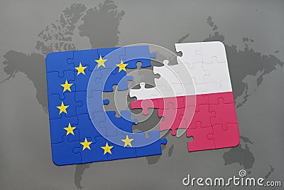 Puzzle with the national flag of poland and european union on a world map background. Stock Photo