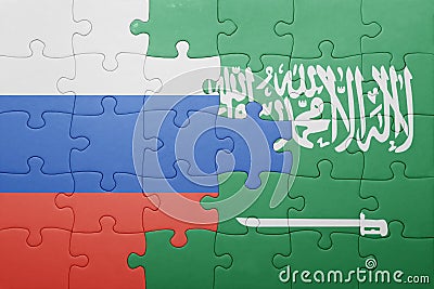 Puzzle with the national flag of saudi arabia and russia Stock Photo