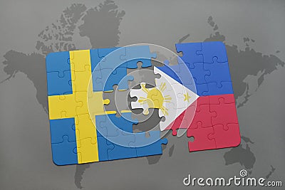 puzzle with the national flag of sweden and philippines on a world map background. Cartoon Illustration