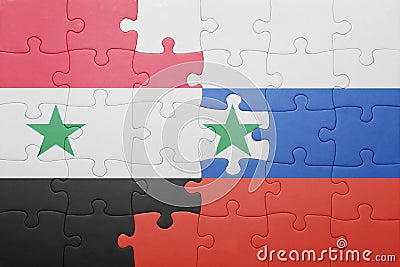 Puzzle with the national flag of syria and russia Stock Photo