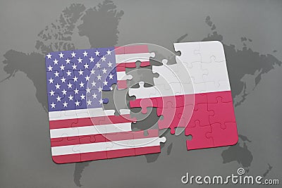 puzzle with the national flag of united states of america and poland on a world map background Stock Photo