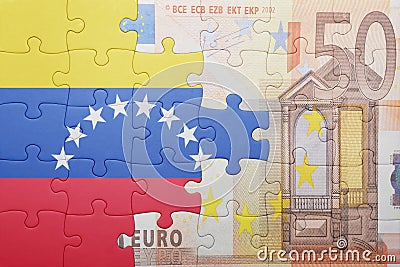 Puzzle with the national flag of venezuela and euro banknote Stock Photo