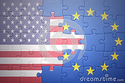 Puzzle with the national flags of united states of america and european union Stock Photo